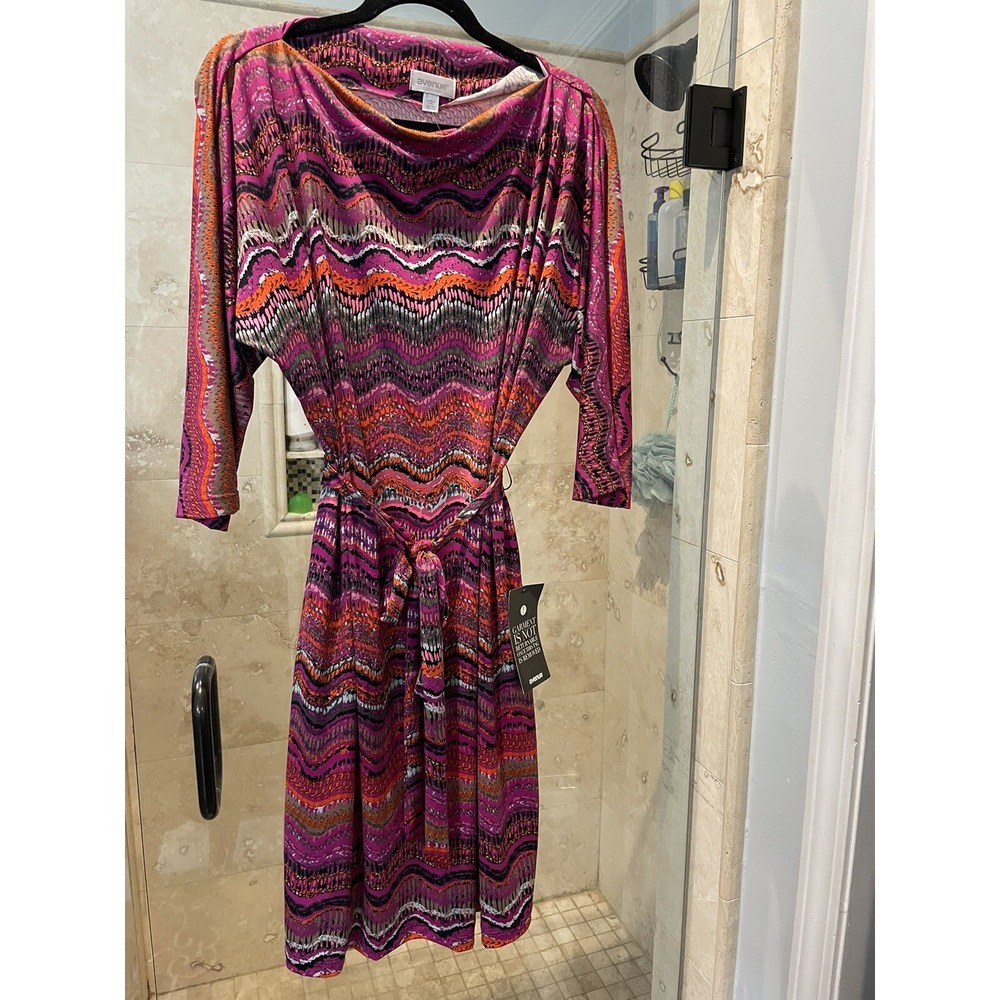 Avenue Plus Pink Orange Ikat Jersey Stretch Maxi Dress 2X 18 20 3/4 Sleeve
